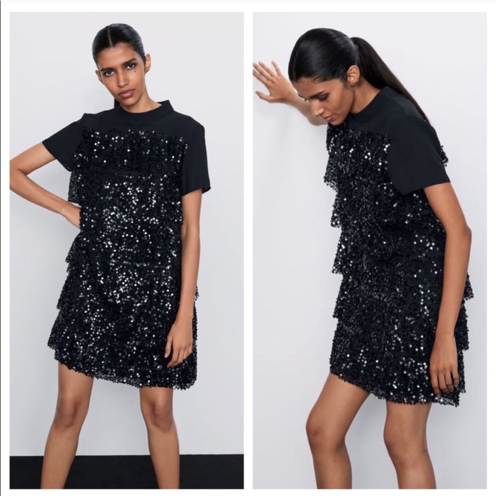 Zara sequined tiered black party dress NWT